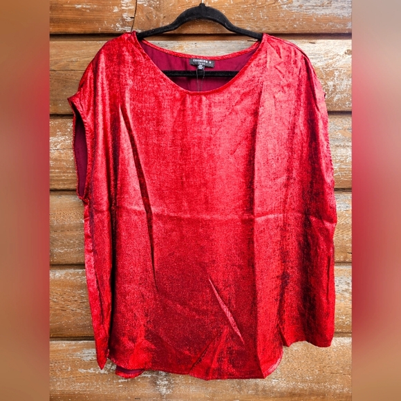 Chances R Tops - Chances R Lightweight Silky Sleeveless Flowy Metallic Red Christmas Top Blouse